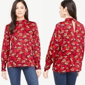 Ann Taylor Red Floral Floral‎ Mock Neck Printed Long Sleeve Blouse Top Small